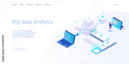 Big data technology in isometric vector illustration. Information storage and analysis system. Digital technology website landing page template.