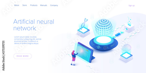 Artificial intelligence or neural network concept in isometric vector illustration. Neuronet or ai technology background with robot and human female. Web banner layout template.