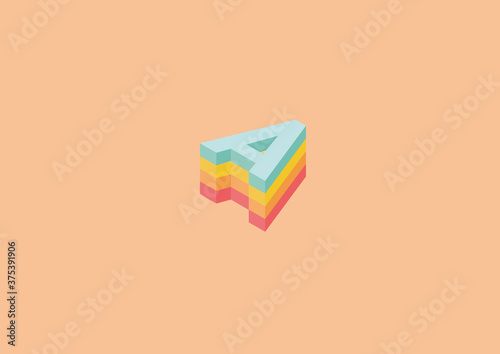 Vectorial isometric image.  Four letters pastel colored one over another. The letters colors are red  yellow  orange and light blue. The background is light pastel orange