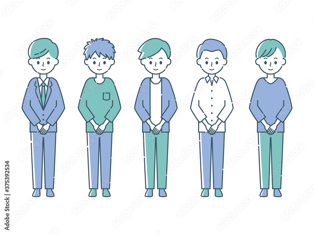 前で手を組む5人の男性 前で手を組む5人の男性