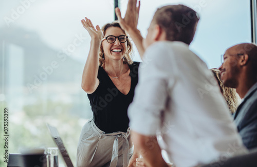 Businesswoman giving a high five to a colleague in meeting photo