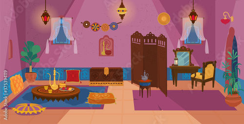 Traditional Middle Eastern Living Room Interior with Wooden Furniture and Decoration Elements:Lanterns, Toilet Table With Armchair,Tea Table, Ceramics,Screen,Cushions,Carpets, Plants. Cartoon vector.
