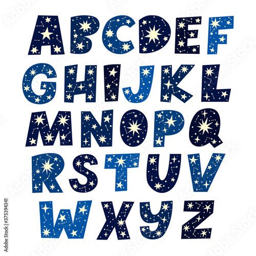 Star celestial alphabet. Vector constellation font with stars in letters of midnight blue sky. Astronomy alphabetic hand drawn flat illustration on white isolated background. Cosmos themed ABC poster.