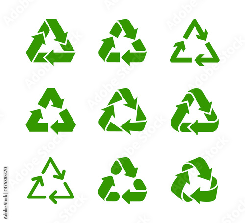 Waste recycling and environmental protection sign. Green triangle of three arrows on white background. Vector icon set.