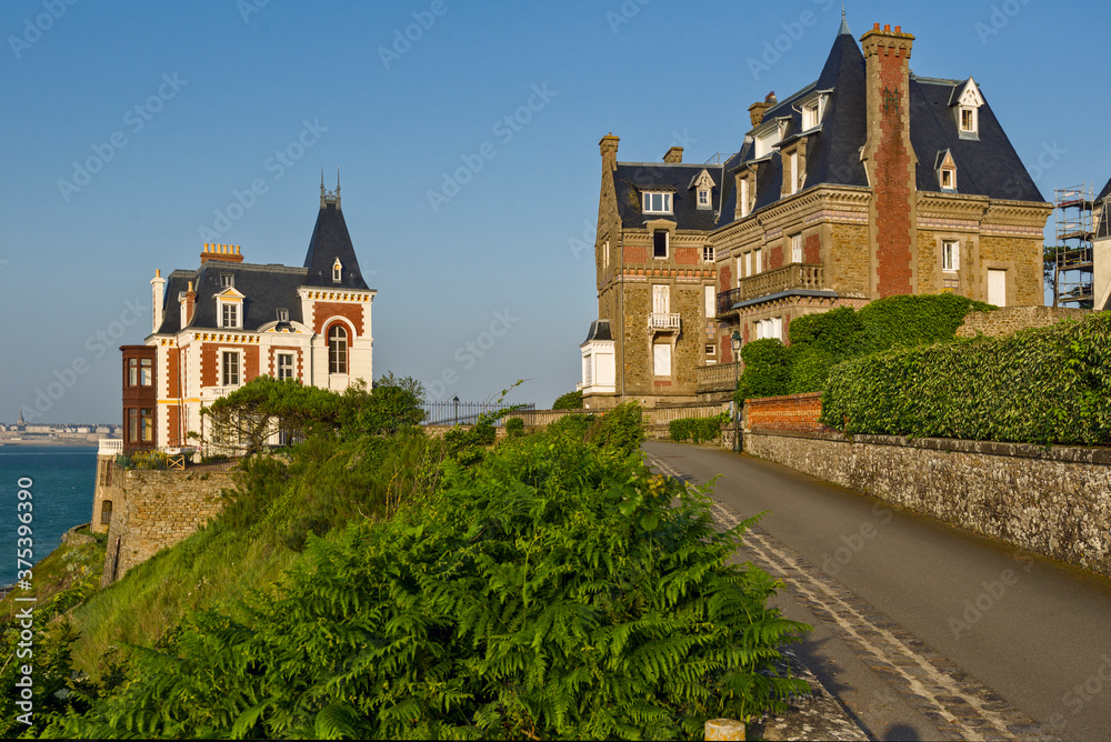 Beach, cliff and villa des Roches Brunes in Dinard, Brittany, France