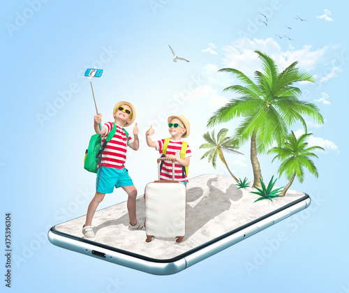 Two brothers are going on a trip.They travel in hot countries, swim, relax. on a smartphone screen. Travel and vacation concept.Fun.