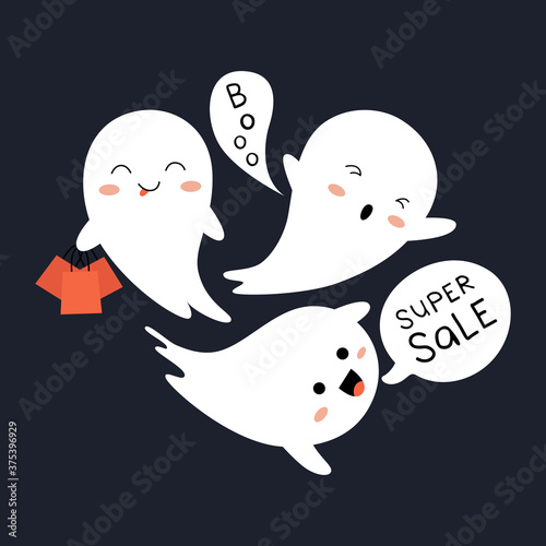 Sale Halloween banner with Cute Ghost. Cute halloween screaming super sale, ghost holds shopping bags, ghost screaming boo. Template for banner, brochure, poster for helloween