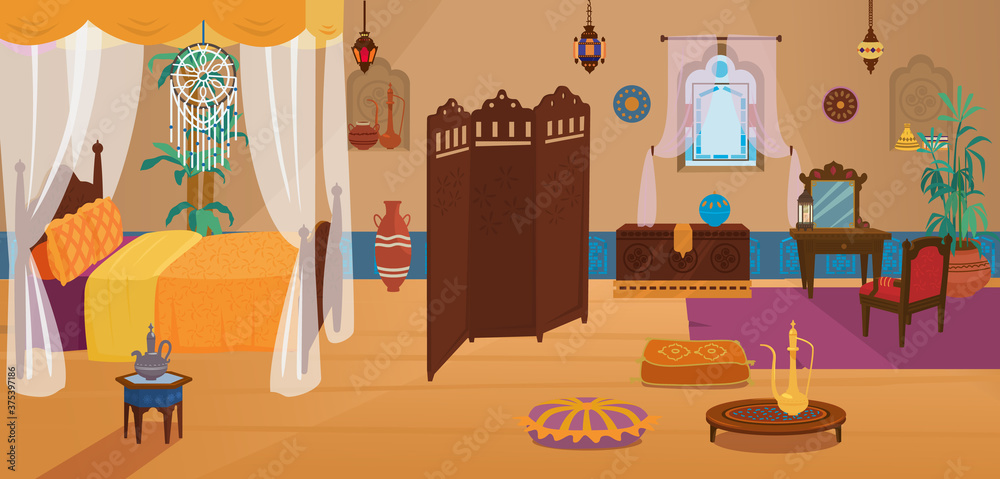 Traditional middle Eastern bedroom with furniture and decoration elements.Four poster bed with dream catcher,screen, lanterns,toilet table with chair,ceramics, carpets, cushions,plant.Cartoon vector.