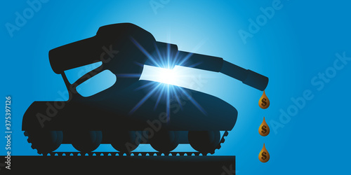 Concept des lobbies pétroliers et de la guerre économique mondiale avec la silhouette d’un char d’assaut dont le canon est un pistolet de pompe à essence. photo