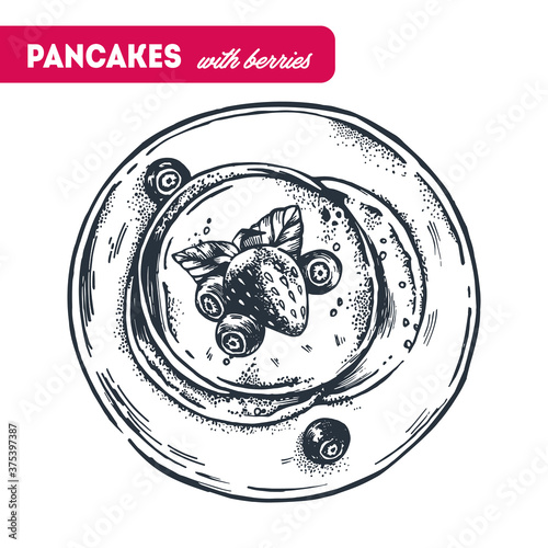 Pancakes with berries top view sketch. Morning food breakfast design with strawberry and blueberry. Isolated hand drawn vector illustration.  