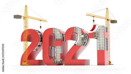 Fototapeta Naklejka Na Ścianę i Meble -  New Year 2021 and cranes, construction concept, 3D illustration