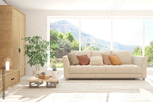 White stylish minimalist room with sofa and summer landscape in window. Scandinavian interior design. 3D illustration