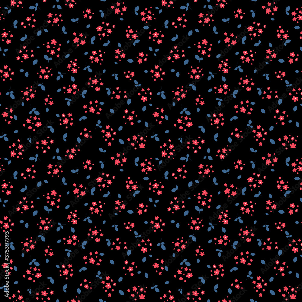 Vector seamless pattern with small red pretty flowers and blue leaves on black backdrop. Liberty style wallpapers. Simple floral background. Ditsy ornament. Cute repeat design for print, decoration Vector seamless pattern with small red pretty flowers and blue leaves on black backdrop. Liberty style wallpapers. Simple floral background. Ditsy ornament. Cute repeat design for print, decoration