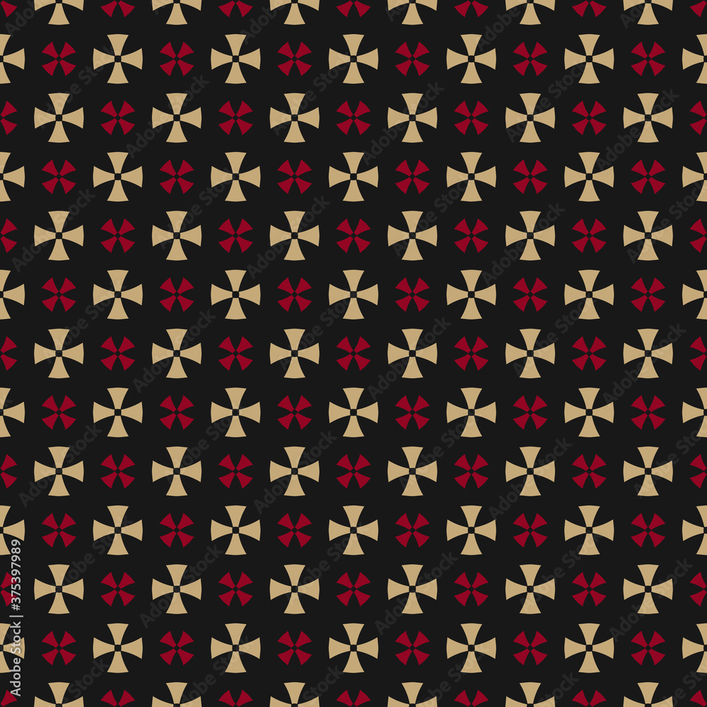 Vector geometric ornament. Simple abstract floral seamless pattern. Luxury background in red, gold and black color. Vintage texture with golden crosses, flower silhouettes. Repeat design for decor Vector geometric ornament. Simple abstract floral seamless pattern. Luxury background in red, gold and black color. Vintage texture with golden crosses, flower silhouettes. Repeat design for decor