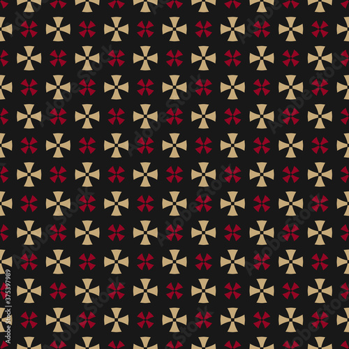 Vector geometric ornament. Simple abstract floral seamless pattern. Luxury background in red, gold and black color. Vintage texture with golden crosses, flower silhouettes. Repeat design for decor