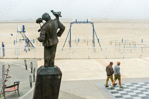 a statue of Alfred Hitchcock is erected on the beach in Dinard, Brittany, France