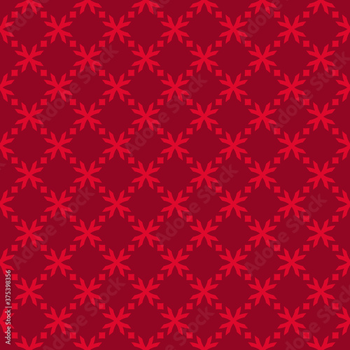 Christmas holiday pattern. Elegant vector geometric seamless texture. Abstract ornament with small flower shapes, crosses, squares, stylized snowflakes, grid. Elegant red background. Repeat design 