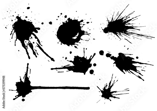 Vector black and white set with ink splash  blot and brush stroke. Grunge textured elements for design  background.