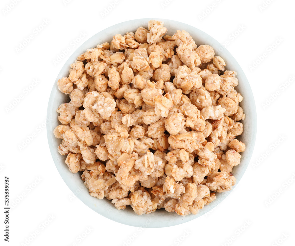Tasty crispy granola in bowl isolated on white, top view Tasty crispy granola in bowl isolated on white, top view