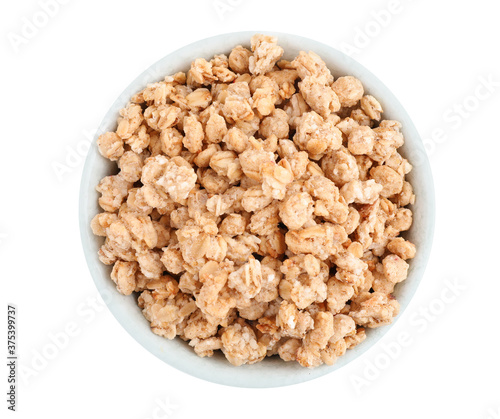 Tasty crispy granola in bowl isolated on white, top view