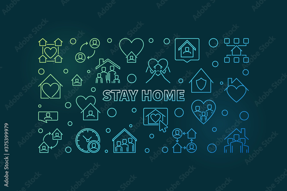 Vector Stay Home outline concept horizontal colorful banner or illustration on dark background