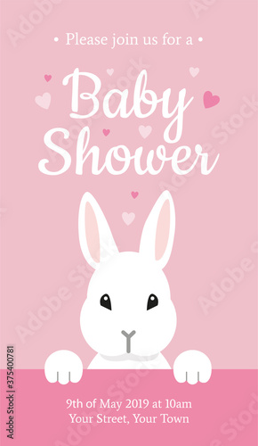 Baby Shower beautiful invitation design template with cute white bunny rabbit on light pink background. It's a girl! - Vector illustration