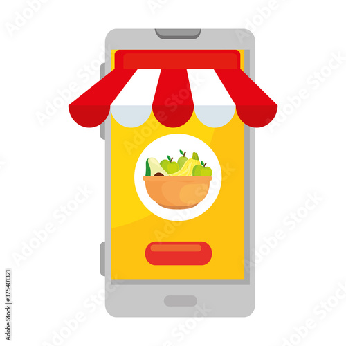fresh fruits on bowl, in smartphone, app for purchase vector illustration design