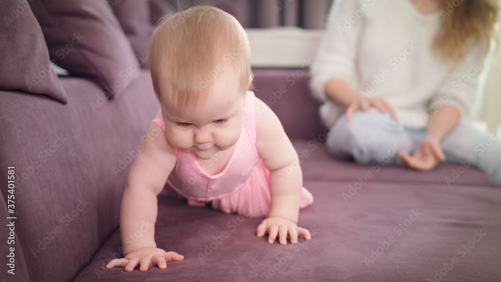 Fototapeta premium Little baby crawling on home sofa. Cute kid walking on all fours