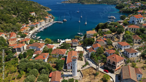 Fototapeta Naklejka Na Ścianę i Meble -  Aerial drone photo of picturesque beautiful seaside village of Kioni a safe anchorage for yachts and sail boats, a true gem of Ithaki or Ithaca island, Ionian, Greece