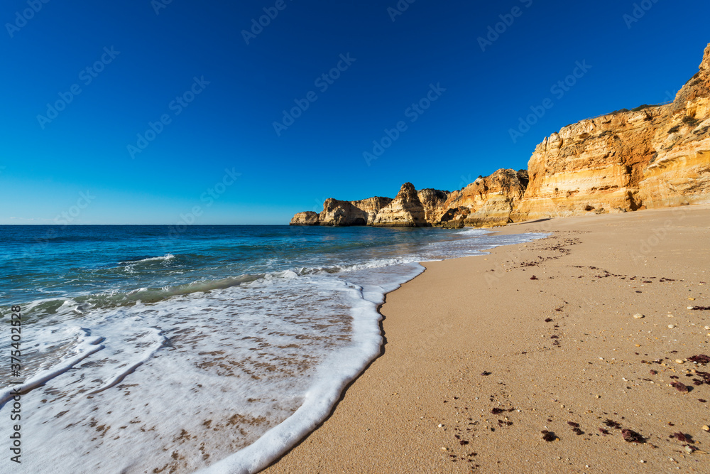 View of the scenic Marinha Beach (Praia da Marinha), with seagulls in the sand, in the Algarve region, Portugal; Concept for travel in Portugal and summer vacations.