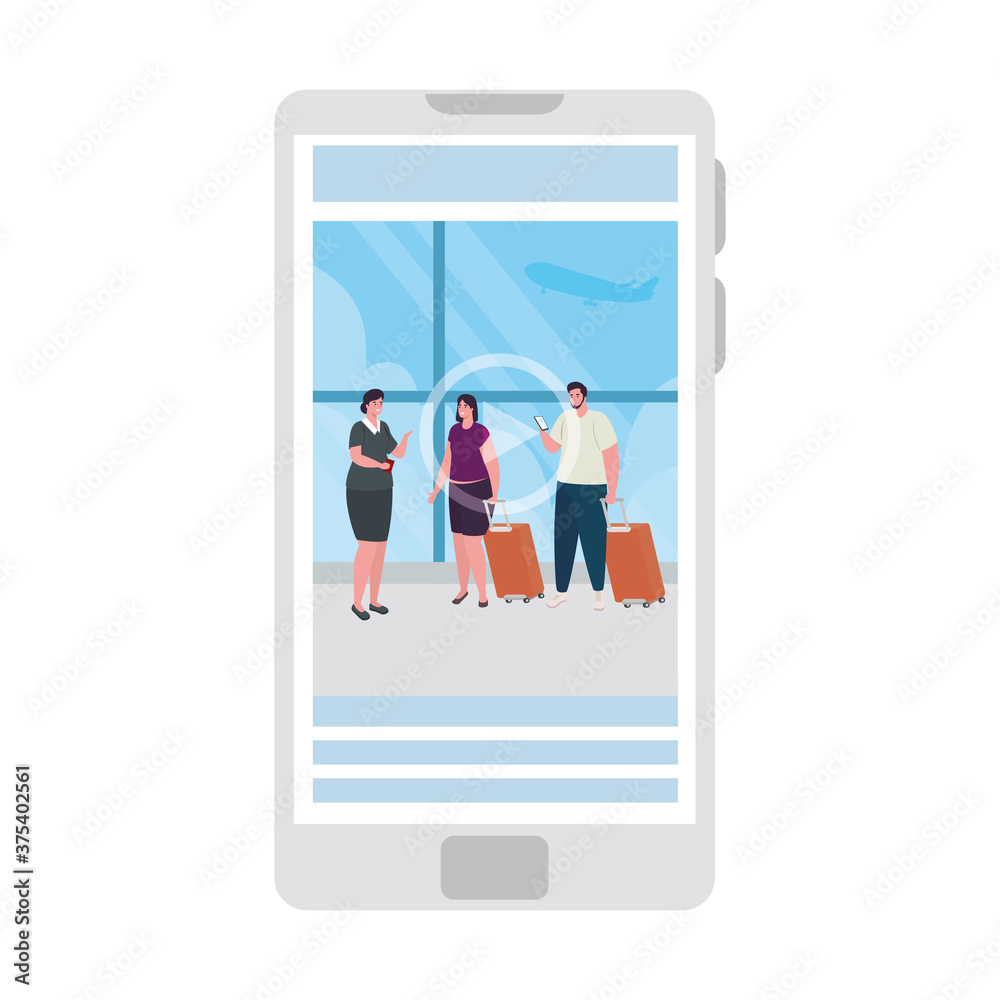 airport check in passengers standing before travel in smartphone, app online travel vector illustration design airport check in passengers standing before travel in smartphone, app online travel vector illustration design