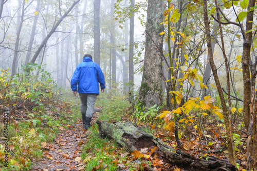 man walking in an autumn forest in a foggy day