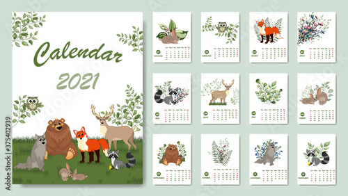 Forest calendar for 2021 year. Printable planner of 12 months with cute animals. Bear, fox, rabbit, wolf, deer, raccoo.  Cute forest animals.  Woodland characters. New Year