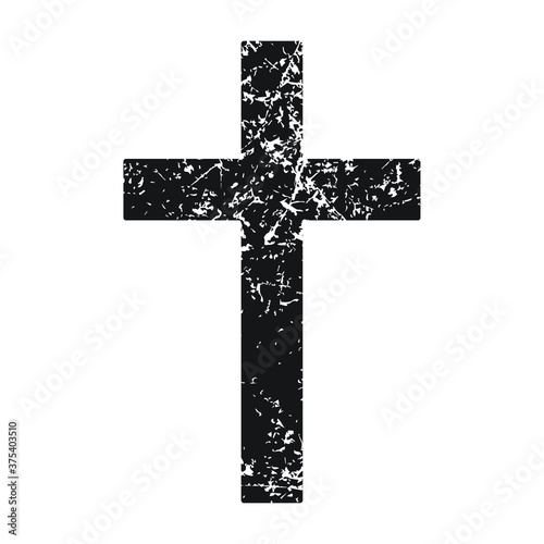 Cross vector shape symbol. Christianity sign with grunge texture. Christian religion icon. Catholic and protestant faith logo or image. Black silhouette isolated on white background.