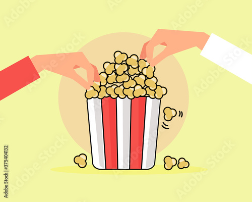Hands picking bunket of popcorn. Cartoon vector style for your design 