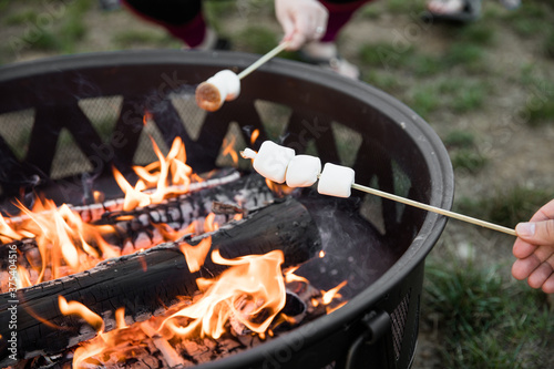 Close up of Marshmallows Roasting Over an Open Bonfire Pit, Community, Together Concept