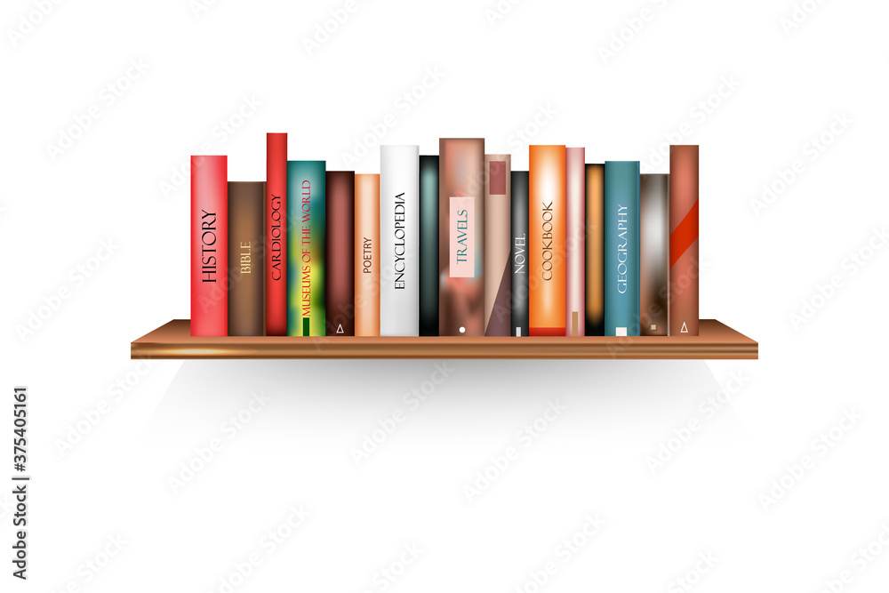 Naklejka premium Bookshelf mockup with books and pot on white background.Brown shelves template.Vector illustration. 