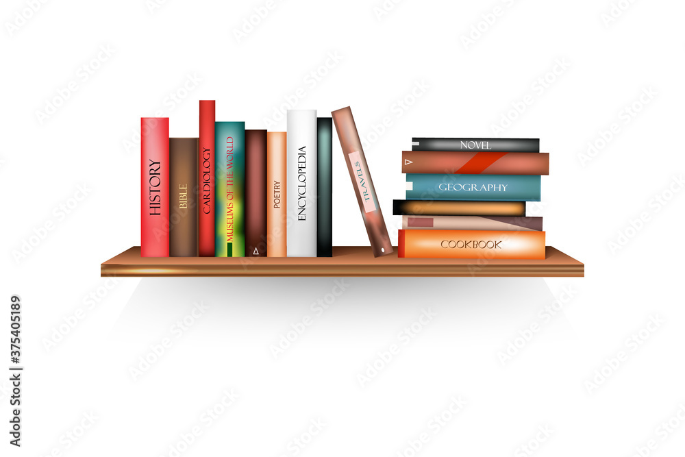 Naklejka premium Bookshelf mockup with books and pot on white background.Brown shelves template.Vector illustration. 