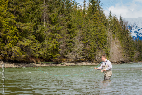 Close up of a fisherman spey casting on a river in British Columbia, Canada