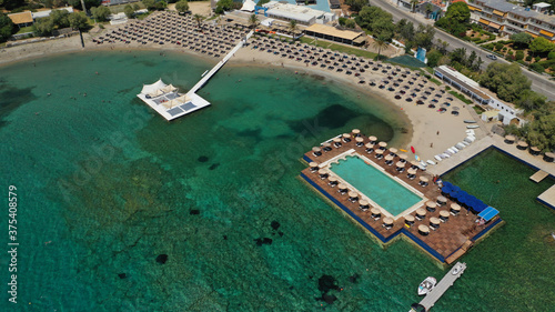 Aerial drone top view photo of luxury tropical resort with large empty pool located in mediterranean destination