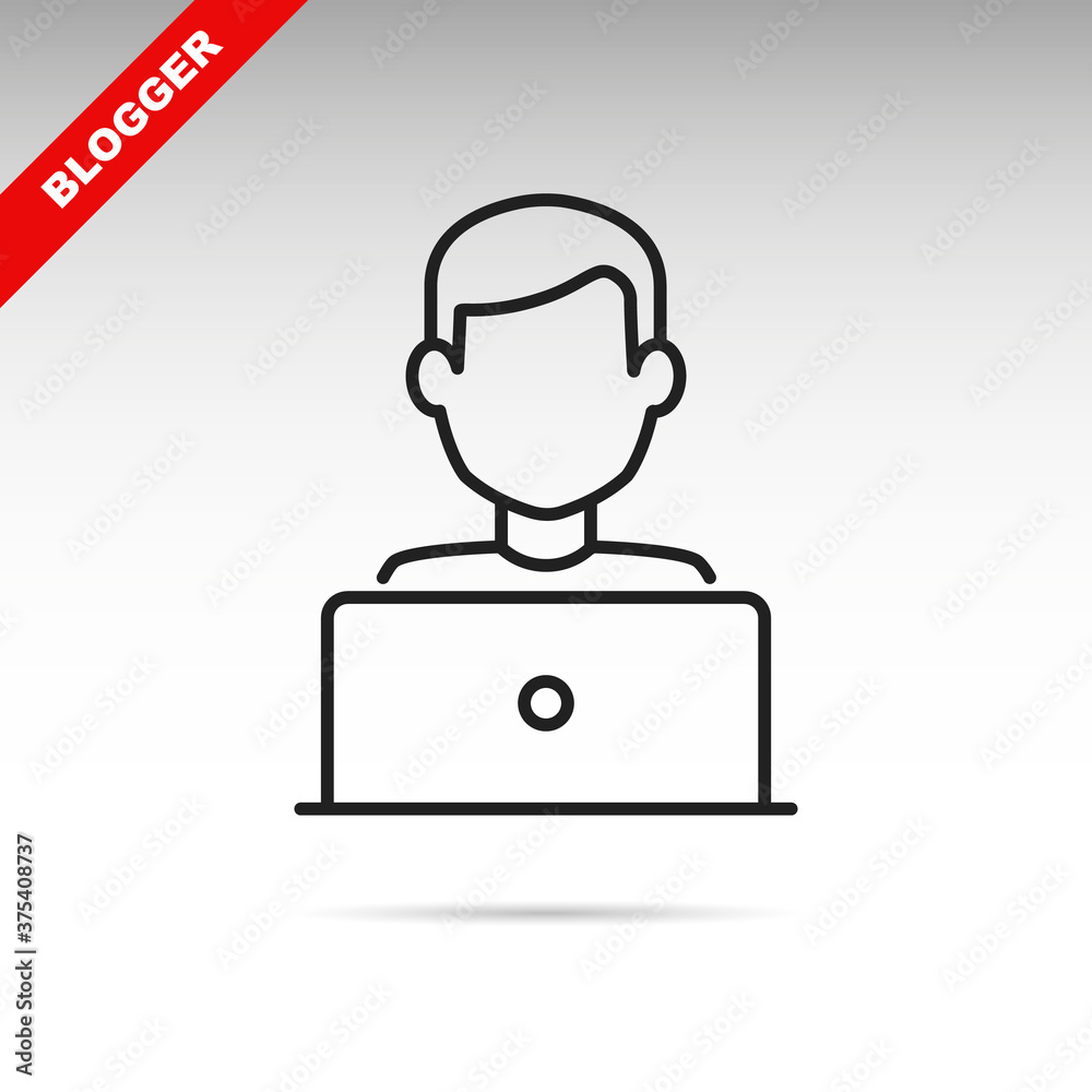 Blogger or user with laptop computer on remote work from home office line vector icon. Editable stroke symbol of a person at the desk with a workstation at his own workspace in coworking or home V2