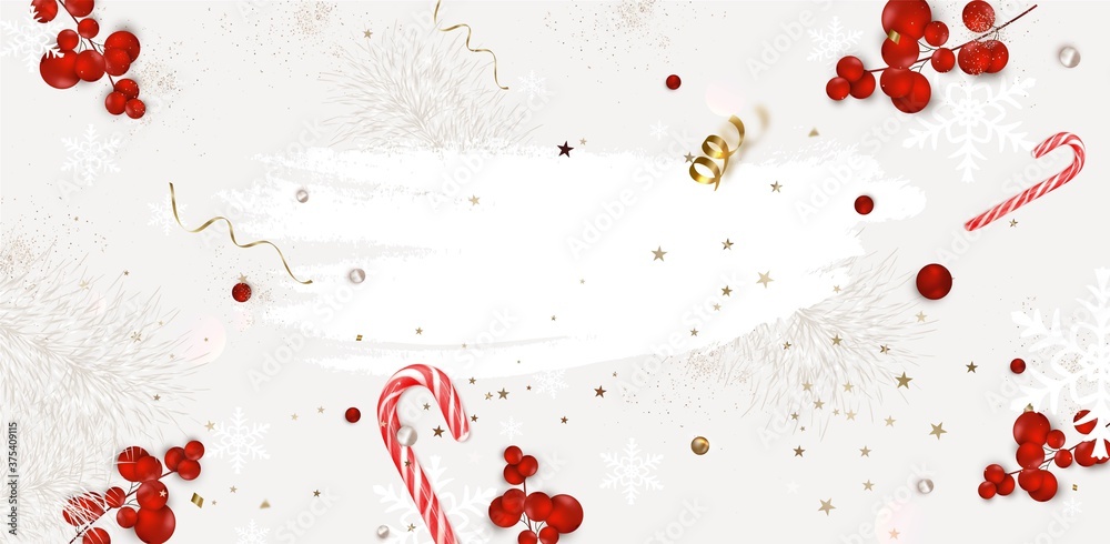 New Year 2021 and Christmas banner. Flat lay design with christmas decoration on a white background.Top view vector composition. New Year 2021 and Christmas banner. Flat lay design with christmas decoration on a white background.Top view vector composition.