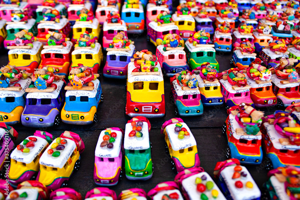 Toy handmade cars on the market stall, Chichicastenango, Guatemala