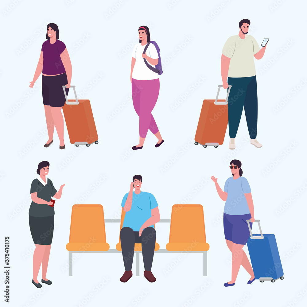 group of tourist and stewardess on white background vector illustration design