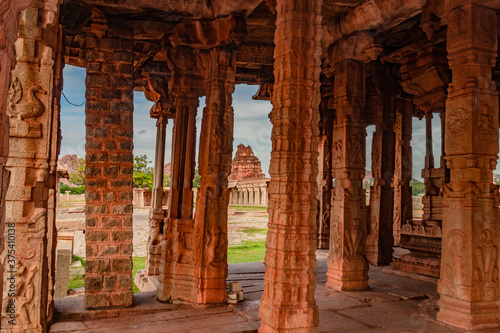 vithala temple hampi ruins interior antique stone art from unique angle photo