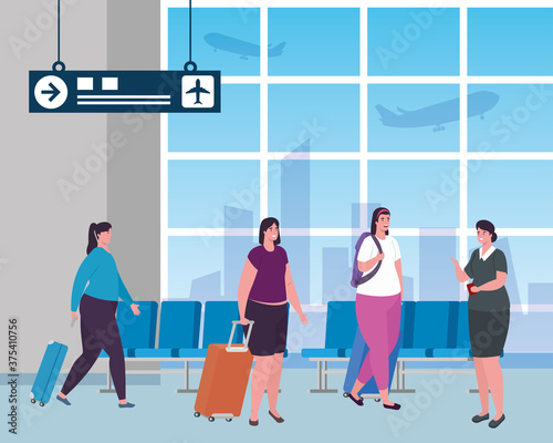 group women and stewardess in the airport terminal, passengers at airport terminal with baggages vector illustration design
