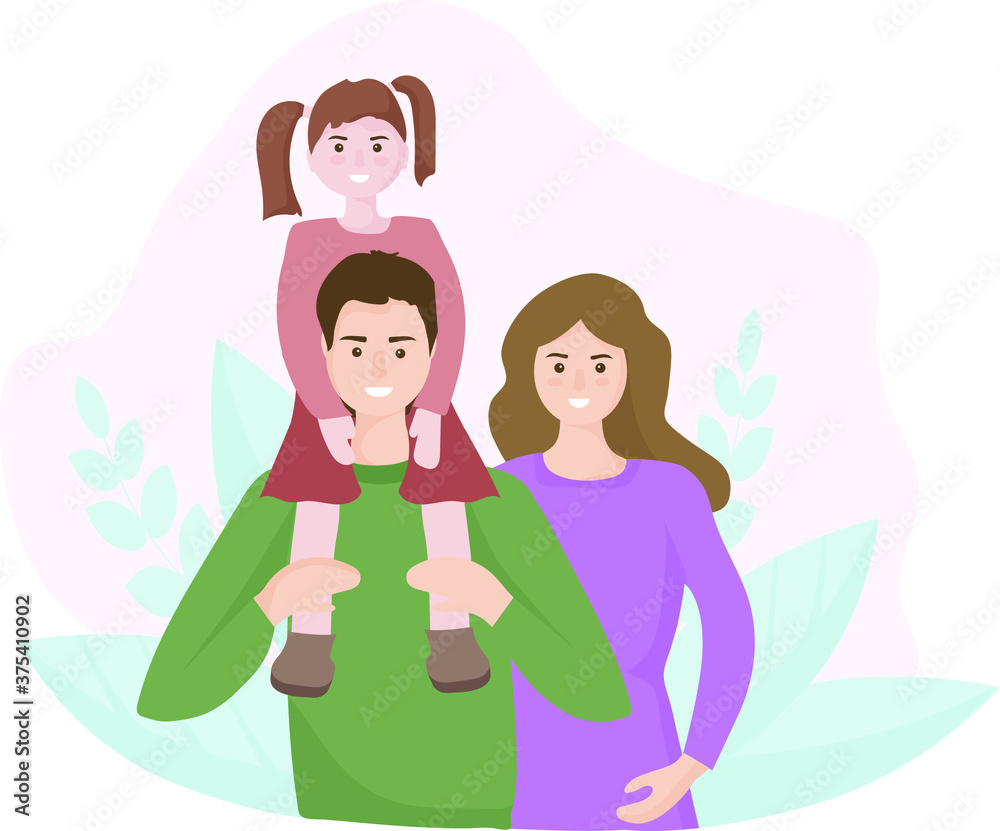 Portrait of a happy family, people smile. Daughter sits on her father's shoulders, next to her mother. On a natural background with leaves. The concept of love and family values. Vector flat design. Portrait of a happy family, people smile. Daughter sits on her father's shoulders, next to her mother. On a natural background with leaves. The concept of love and family values. Vector flat design.
