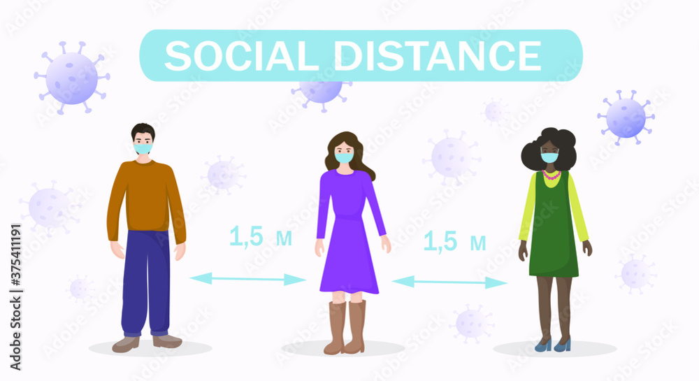 Warning about maintaining social distance during quarantine. Safety while walking. People walk in masks at a distance of 1.5 meters from each other. coronovirus epidemic Warning about maintaining social distance during quarantine. Safety while walking. People walk in masks at a distance of 1.5 meters from each other. coronovirus epidemic