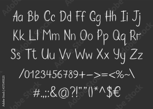 Chalk alphabet in sketchy style. Vector handwritten pencil letters, numbers and punctuation marks. Brush pen handwriting font.
