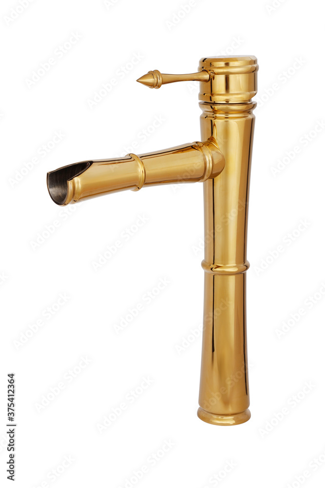 Shiny golden steel water faucet on white background
